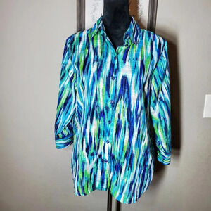Allison Daley Sheer Cottony Long Sleeve Button Front Shirt Blue Green Sz 8